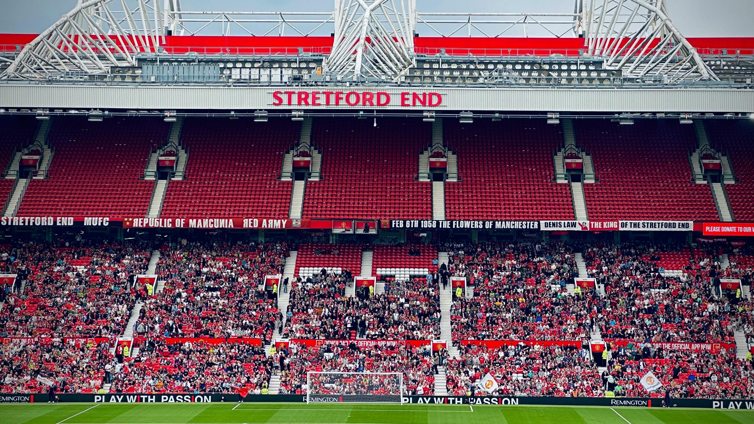 News View of the Stretford End crowd at Manchester's iconic stadium during a day event.